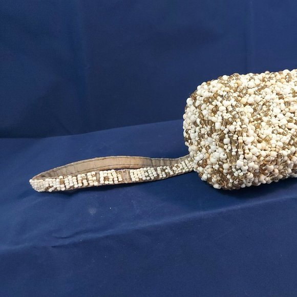 Beaded Clutch Bags Evening Bag Mini Beads Round Barrel White Gold Silver wrislet - Picture 10 of 10